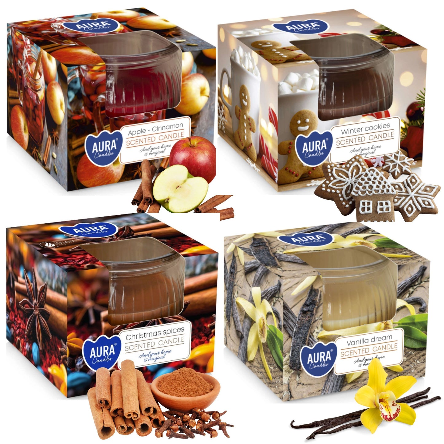 Zestaw 4 Świec „Świąteczna Cukiernia" - Wanilia, Piernik, Jabłko, Cynamon