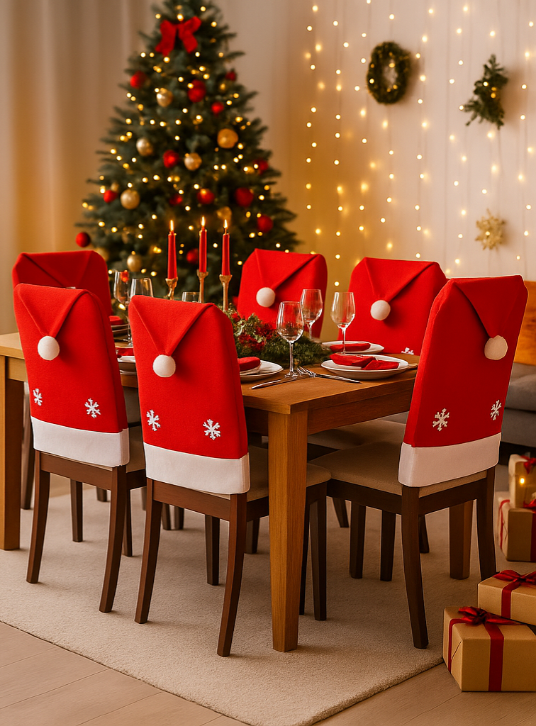 Pokrowce Świąteczne na Krzesła - Czapki Mikołaja (Zestaw 6 szt.)